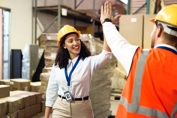 Stock photo of a woman and a man high fiving on a construction site